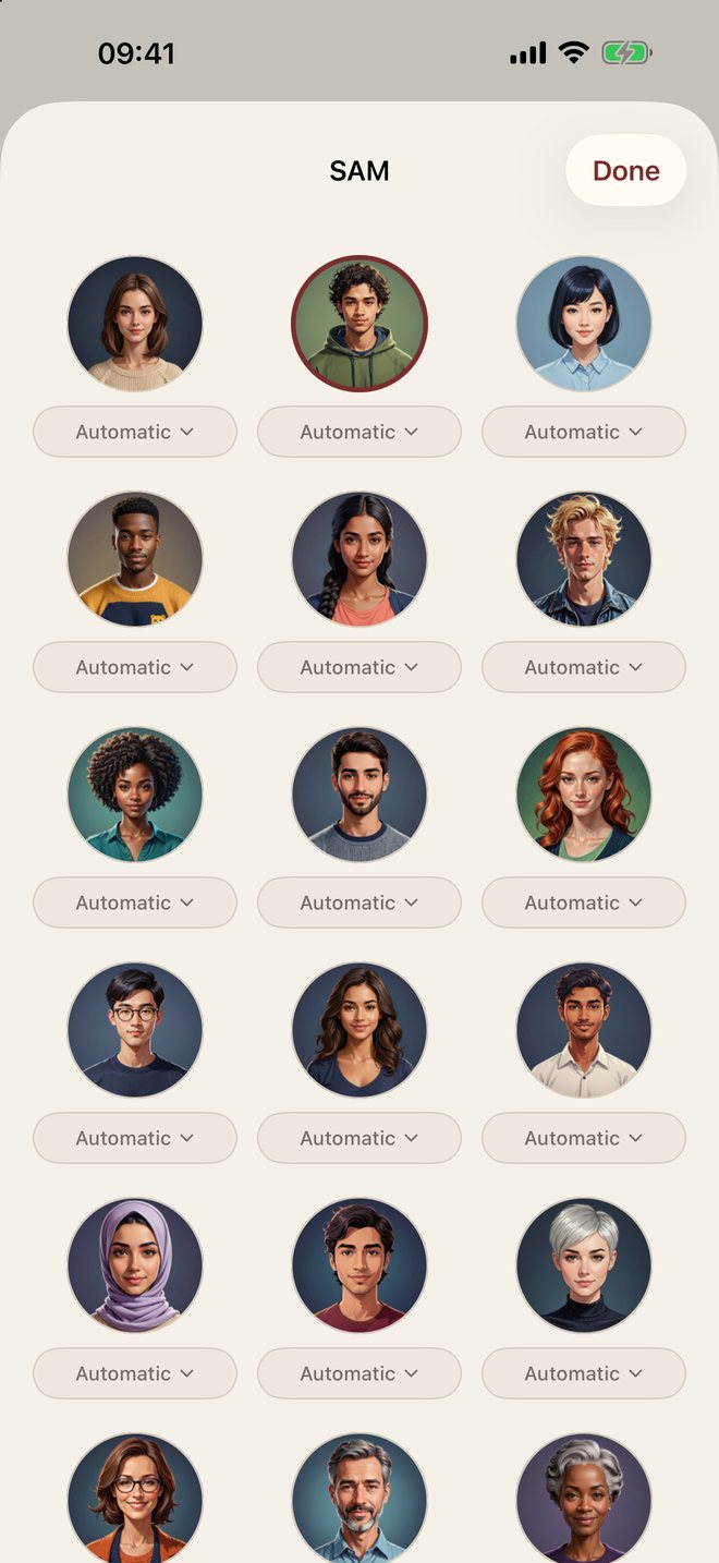 Line Perfect screenshot: Twenty faces; each keeps the voice you pick beneath it.