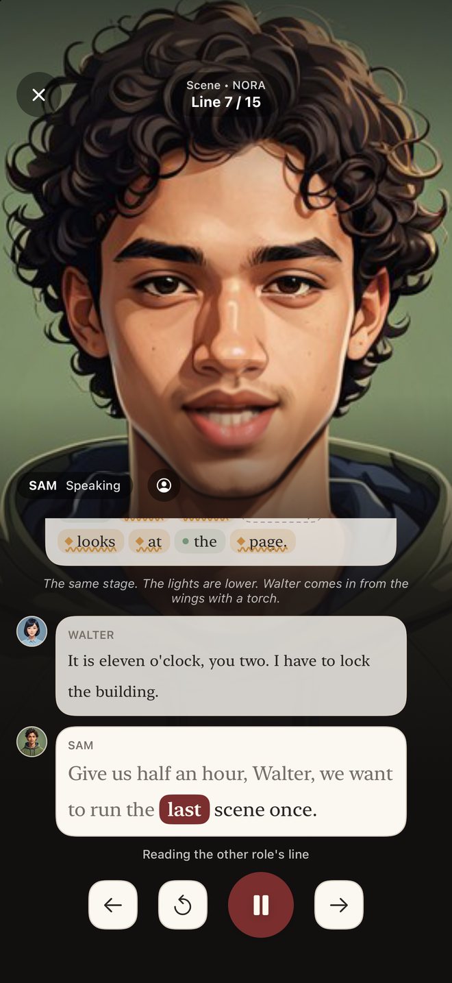 Line Perfect screenshot: A partner's line, read aloud and highlighted word by word.
