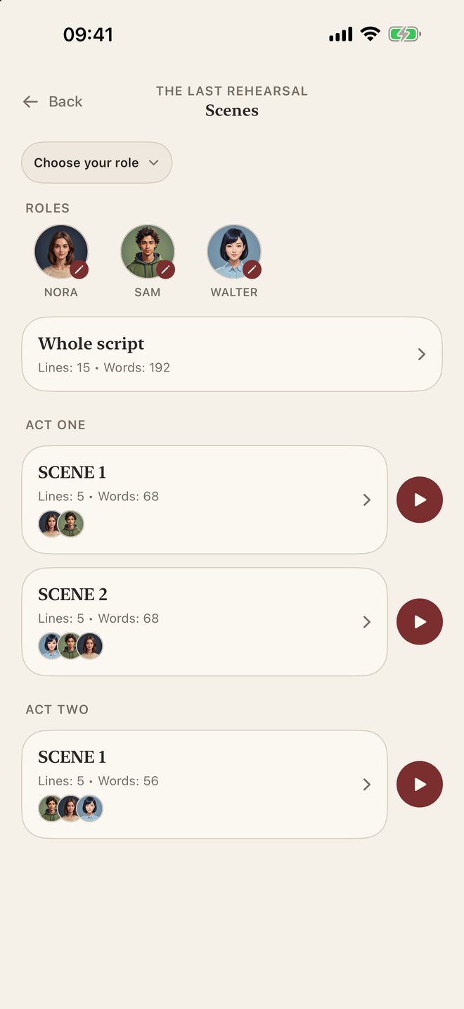 Line Perfect screenshot: A play split into acts and scenes, with the cast of each one.